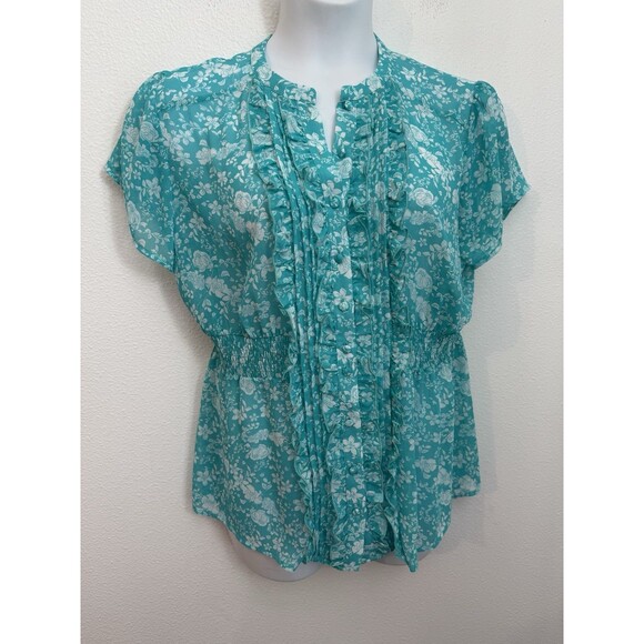 Torrid Blouse Ruffle Trim Button Up Short Sleeve Size 1/1X Aqua Blue Floral EUC - Picture 1 of 7